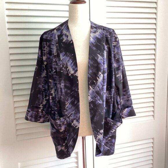 Sejour Womens Open Front Kimono Jacket Size 18W Black & Purple Abstract Print - Picture 3 of 16